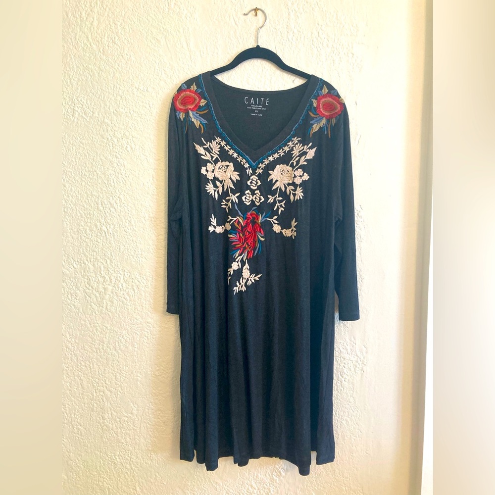 Anthropologie Caite and Kyla Rayon Embroidered Dress V-Neck Comfort 1X NWT